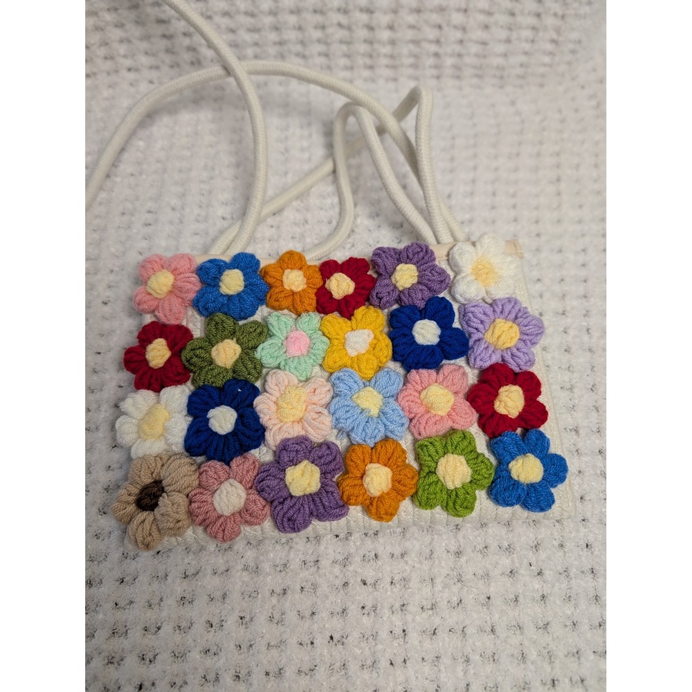 Multicolor 3D Crochet Flower Crossbody Bag White Rope Strap Boho Festival Purse
